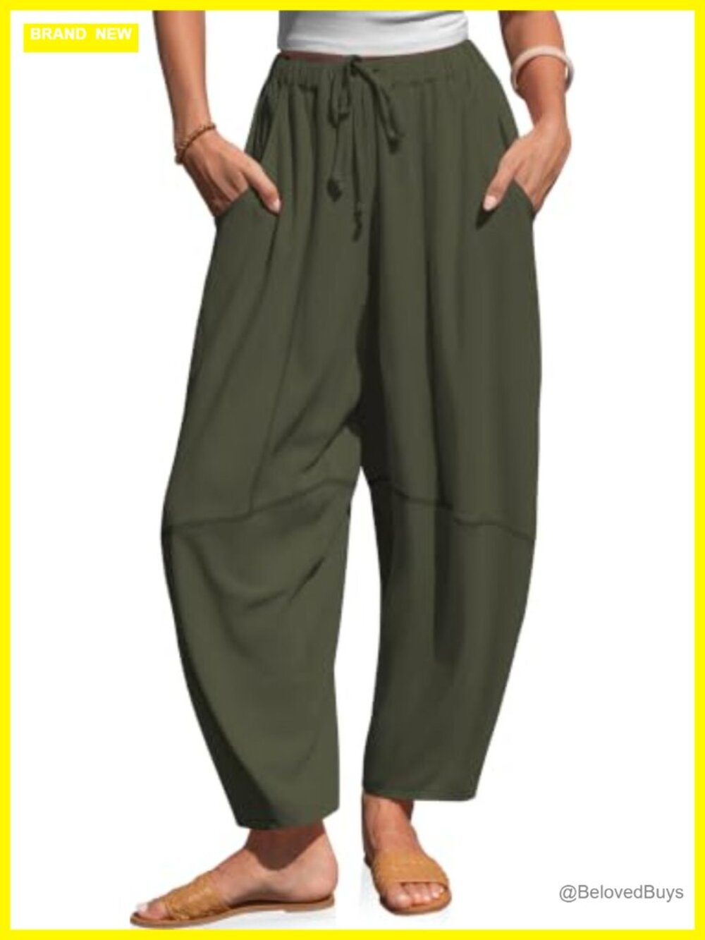 TARSE Womens Linen Blend Barrel Pants Baggy Wide Leg Lounge Pants with Pockets